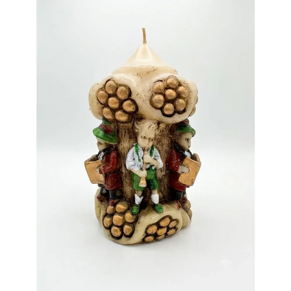Vintage German Carved Candle, Bavarian Carolers Musicians, Hand Carved